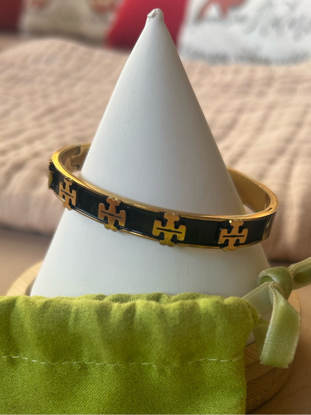 Tory Burch Black and Gold Logo Enamel Hinged Bangle